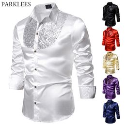 Men's Sequins Embroidered Western Shirts Slim Fit Long Fashion Silk Shirt Men Nightclub Disco Dance Party Stage Prom Custume 2XL 210522