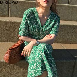 Korejpaa Women Dress Summer Korean Chic Ladies Sweet Thin V-Neck Full Screen Small Floral Loose Casual Short Sleeve Vestido 210526
