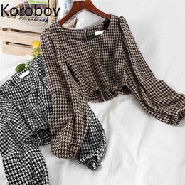 Korobov Korean Vintage Eleagnt Plaid Blouses Women O Neck Long Sleeve Streetwear Crop Shirts New Chic Sexy Mujer Blusas 210430