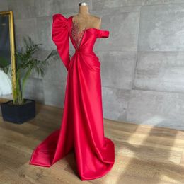 arabic dresses UK - Rose Red Arabic 2022 A Line Prom Dresses One Shoulder Beading Crystal Long Evening Formal Party Second Reception Gowns