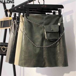 Autumn High Waist Snakeskin Print Skirt Casual Black Pu Leather Mini Skirts Streetwear Chain Bag A-Line 210514