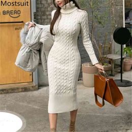 Turtleneck Twisted Knitted Pencil Dress Women Full Sleeve Slim Elegant Ladies Fashion Dresses Vestidos 210513