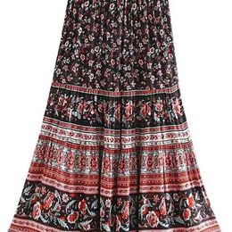 Vintage Printed Summer Swing A-Line Skirts Fashion Lace-Up Detail Women High Waist Casual Midi Jupe Femme Beach 210604