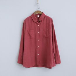 Johnature Cotton Linen Vintage Shirts For Women Spring Solid Colour Long Sleeve Turn-down Colour Pockets Button Blouses 210521