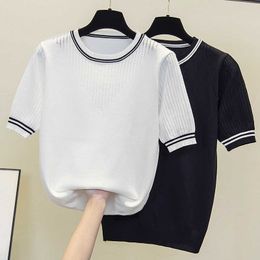 Sexy Women Oversize Knitted sweater Top Short Sleeve Casual Hollow Out Tank Tops Woman Summer Tops Elasticity loose Pullover 210604