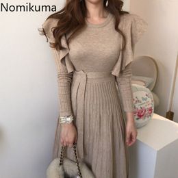 Nomikuma Fashion Sweater Dress Women Ruffles Slim Waist Long Sleeve A Line Pleated Dresses Winter Clothes Robe Mujer 3c952 210514