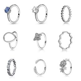Women 925 Sterling Silver Rings Blue Clear Crystal Butterfly Flower Ring for Wedding Party Jewellery