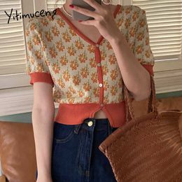 Yitimuceng Knited Women Sweaters Floral Button Up Slim Open Stitch Short Sleeve Summer Korean Fashion Blue Orange Tops 210601