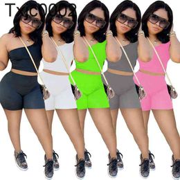 Women Tracksuits Two Pieces Set Designer Summer Slim Sexy Slant Shoulder Suits Sleeveless Shorts Outfits 5 Colours