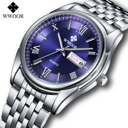 WWOOR Casual Business Men Watches with Stainless Steel Top Brand Luxury Waterproof Quartz Automatic Week Date Clock Reloj Hombre 210527