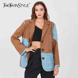 Patchwork Plaid Blazers For Women Notched Collar Long Sleeve Hit Colour Plus Size Coats Female Autumn Clothing 210524