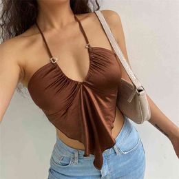 Brown Satin Sexy Bandage Halter Cami V Neck Y2K Crop Top Runched Spaghetti Strap Tee Women Trend Party Shirt Beachwear 210510