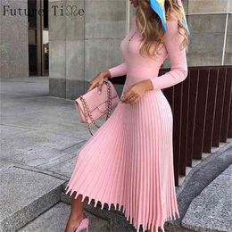Future Time Women Knitted Long Dress Autumn Winter Slim Sleeve Ladies Dresses Elegant Party Female Sweater Dress 8 colors F792 210806