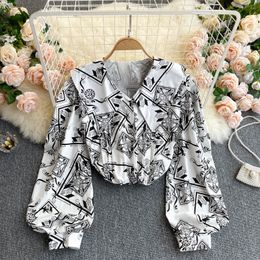 SINGREINY Design Chic Print Blouse Women Puff Sleeve V Neck Single Breasted Casual Tops Spring Korean Bohemian Vacation Blouses 210419