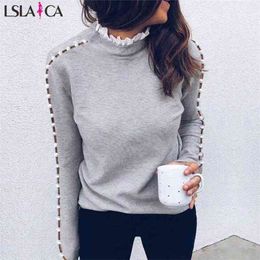 Lslaica blouses woman O-neck gray wooden ear splicing casual women tops fashion elegant office party pit for 210515