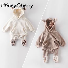 Winter Baby Girl Bodysuits Plush Ears born Clothes Hooded Bodysuit Climbing Thickened 210515