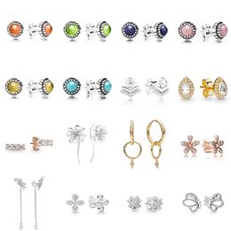 NEW 2021 100% 925 Sterling Silver Gem Flower Ear Studs Fit DIY Original Bracelet Fshion Jewellery Gift1