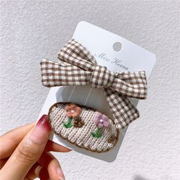 New Fashion Children's Cute Knitted Wool Flower Rabbit BB Clip Sweet Girl Princess Plaid Fabric Bow Hairpin Hair Accessories