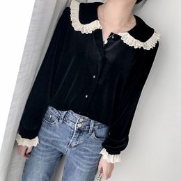 Johnature Casual Velvet Korean Version Loose Shirts Peter pan Collar Top Female Autumn Long Sleeve Women Blouse 210521