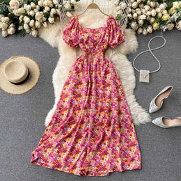 Summer 2021 Women's SundrChiffon Boho DrKorean Clothing Puff Sleeve Waist Slimming Print Maxi Beach DrFemme Robe X0621