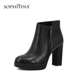 SOPHITINA Fashion Women's Boots High Quality Genuine Leather Comfortable Round Toe Shoes Special Square Heel Ankle Boots SC314 210513