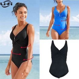 LI-FI Solid Swimsuit Women Swimwear Monokini Swimming Suit Retro Vintage Bathing Beachwear Slim Swim Wear M~2XL 210630