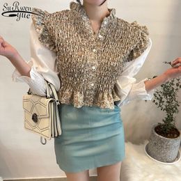 Long Sleeve Single Breassted Women Short Shirts Spring Printed Ruffled Tops and Blouse Blusas Mujer 13249 210427