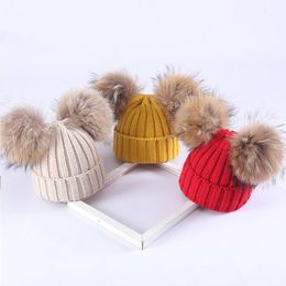 Berets Kids Winter Warm Knit Hat With Real Fur Pompom Boys Girls Cute Lovely Caps Baby Soft Beanie Hats