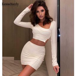 Kesiachiccly Matching Skirt Set Vacation Outfits Bodycon Clubwear Sexy Two Piece Set Long Sleeve Top and Mini Skirts Women Set X0709