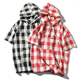 Men's Hoodies & Sweatshirts Summer Short Sleeve Breathable Plaid Linen Hoodie For Men
