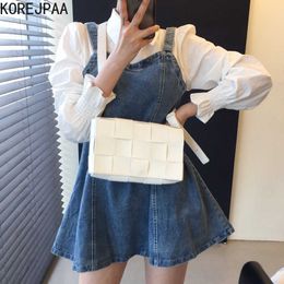 Korejpaa Women Dress Summer Korean Retro Age Reducing Lapel Flared Sleeves Fake Two-Piece Stitching Suspender Denim Vestido 210526