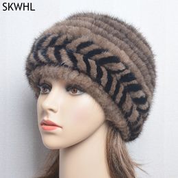 Winter Women Real Mink Fur Hats Warm Natural Fur Knitted Cap Fashion Ladies Genuine Beanie Bomber