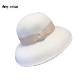 Berets King Wheat White Wool Hepburn Style Women Fedora Stage Show Felt Cap 2021 Winter Lady Fashion Performance Party Adult Top Hat