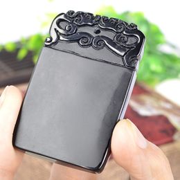 Fine Jewelry Natural Obsidian Jade Pendant Amulet Lucky with Free Necklace for Women Men Gift