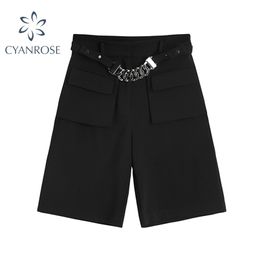 Korean Fashion Chains High Waist Shorts Women Summer Streetwear Pockets Knee-Length Pants Safari Style Design Trousers 210515