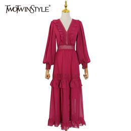 Elegant Solid Dress For Women V Neck Lantern Long Sleeve High Waist Patchwork Lace Maxi Dresses Female Summer Style 210520