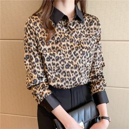 Korean Women's Shirt Chiffon Blouse for Women Long Sleeve Female Top Leopard Polo Neck Woman Basic 210427