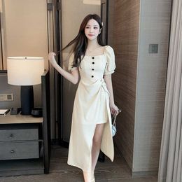 Women Elegant Dress Office Lady Chic Square Collar Short Sleeve Sexy Party Dresses Korean Roupa Feminina 210529