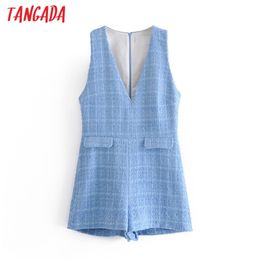 Women Vintage V Neck Tweed Playsuits Back Zipper Sleeveless Rompers Ladies Casual Chic Jumpsuits 3H74 210416