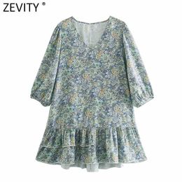 Zevity Women Vintage V Neck Floral Print Casual Straight Mini Dress Chic Female Lantern Sleeve Hem Ruffles Kimono Vestido DS8103 210603