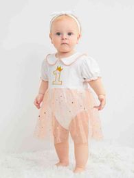 Baby Letter Embroidery Puff Sleeve Contrast Sequin Mesh Bodysuit SHE