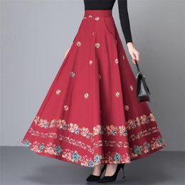 Spring Cotton Linen national wind Black Long Skirt Women Fashion Vintage Elastic Waist embroidered Skirts Female pocket clothes 210421