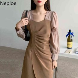 Neploe Elegant Dresses for Women Square Collar Contrast Color Patchwork Vestidos Irregular Puff Sleeve Pleated Dress Woman 4h206 210422