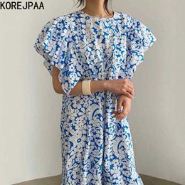 Korejpaa Women Dress Summer Korean Fashion French Elegant O-collar Flower Design Loose-fitting Flying Sleeves Long Vestido 210526