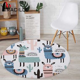 Miracille Cartoon Style Alpaca Pattern Round Carpet Non-Slip Bath Mat Soft Fluffy Coral Velvet Area Rug for Living Room Decor 210626