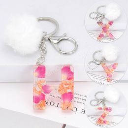 26 Letters Dried Flowers Keychain English A-Z Initials Key Chain With White Pompom Handbag Hanging Pendant Keyring Accessories