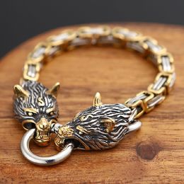 Norse Viking Wolf Head Bracelet Men Never Fade Stainless Steel Gold Square King Chain Bangles Street Culture Accessories Jewellery