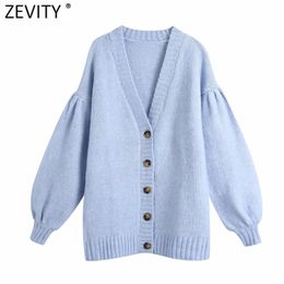 Women Elegant V Neck Solid Colour Casual Loose Knitting Sweater Female Chic Pleats Lantern Sleeve Cardigans Coat Tops S482 210420
