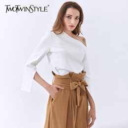 Casual White Tops For Women Asymmetrical Collar Flare Sleeve Irregular T Shirts Female Fall Fashion 210524