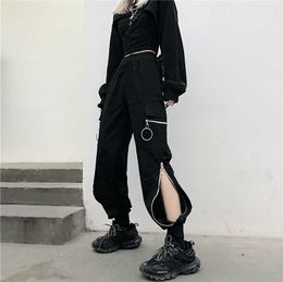 Hip Hop Cargo Pants Summer New Women's Clothing Trend Chain Street Style Elastic Waist Straighttrousers High Waist Trousers Q0801